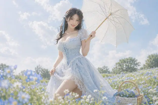 Generated result showing a bright pastoral portrait with a pale-blue dress, flowers and a white lace parasol