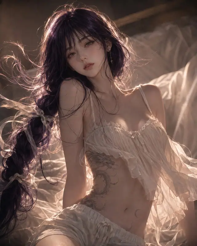Generated result showing a warm low-saturation backlit portrait with a long braid and dreamy bedding