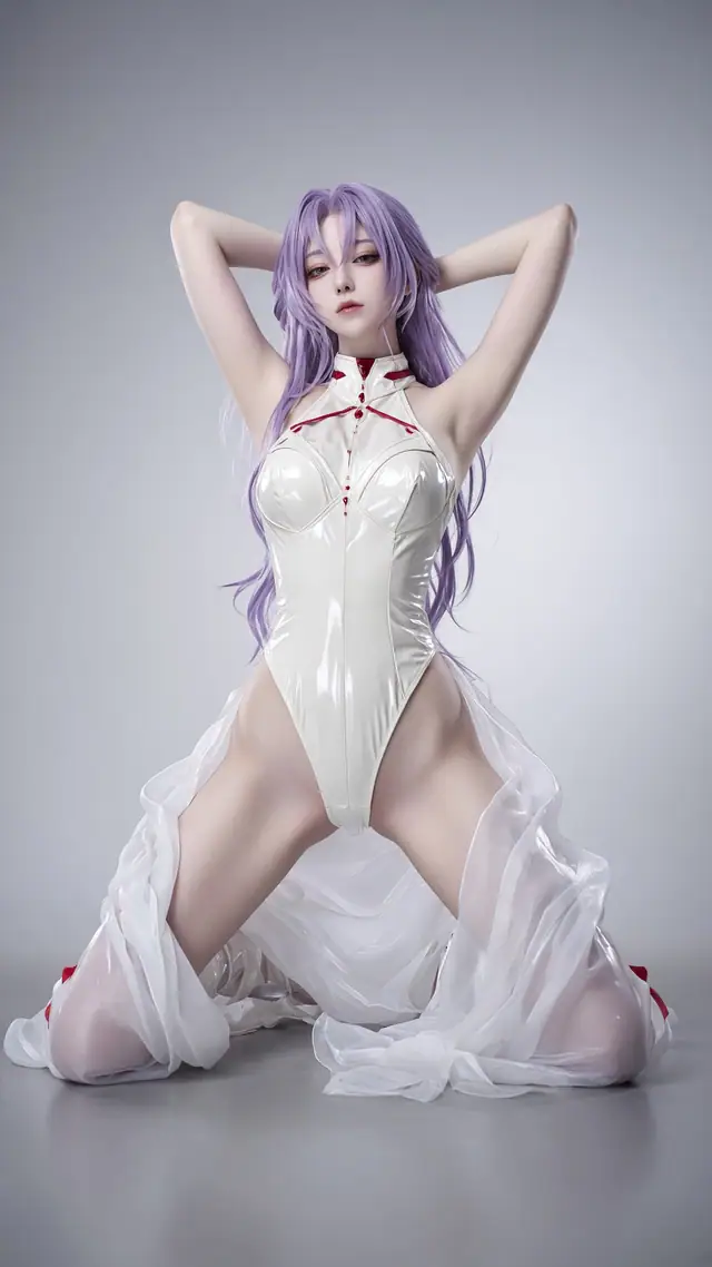 Generated result showing a clean studio cosplay portrait with white patent fabric and a wide kneeling pose