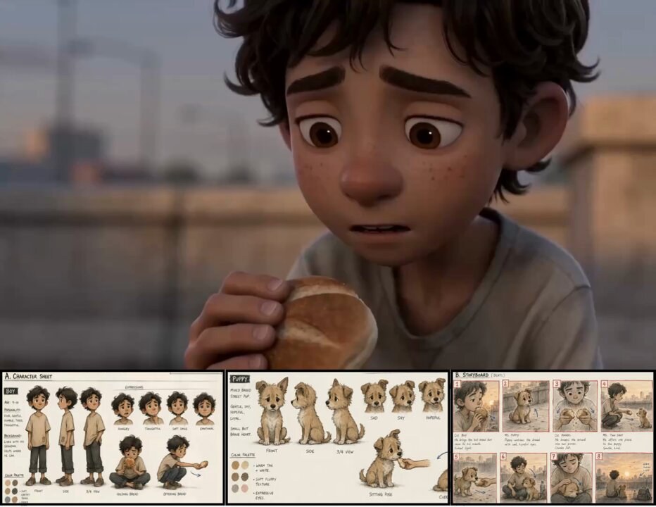 Storyboard used with an AI video prompt for Seedance