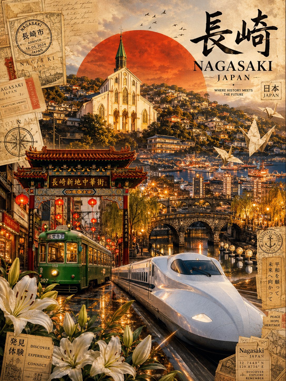 GPT Image 2 长崎电影感旅行海报成片,可复制 Prompt 用于日本水印旅游视觉