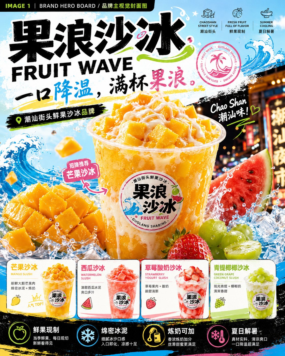 GPT Image 2 果浪沙冰夏日品牌视觉提案成片,可复制 Prompt 用于饮品品牌设计