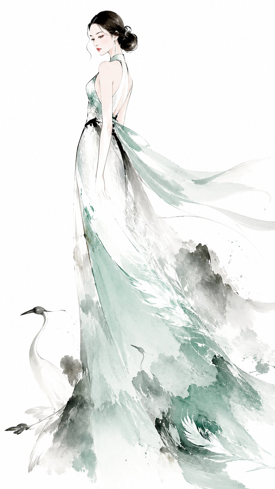 GPT Image 2 墨线霓裳东方高定时装插画成片,可复制 Prompt 用于水墨轻奢时尚视觉
