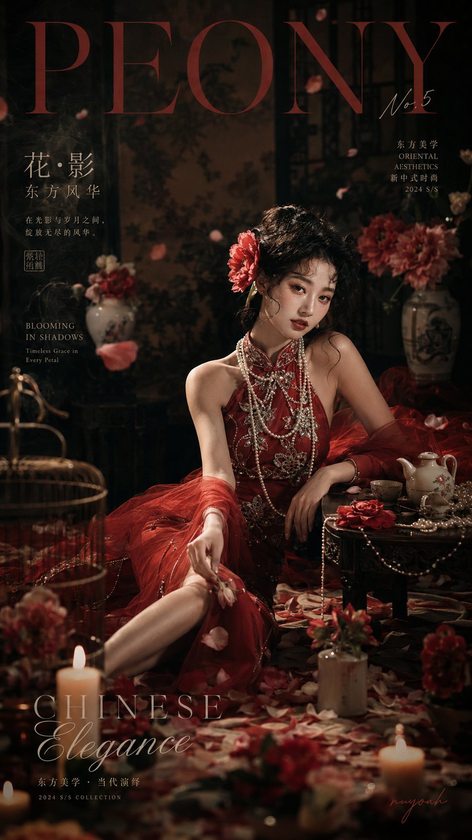 牡丹红旗袍女性复古中式暗调棚拍封面,GPT Image 2 牡丹红中式棚拍封面成片,来源