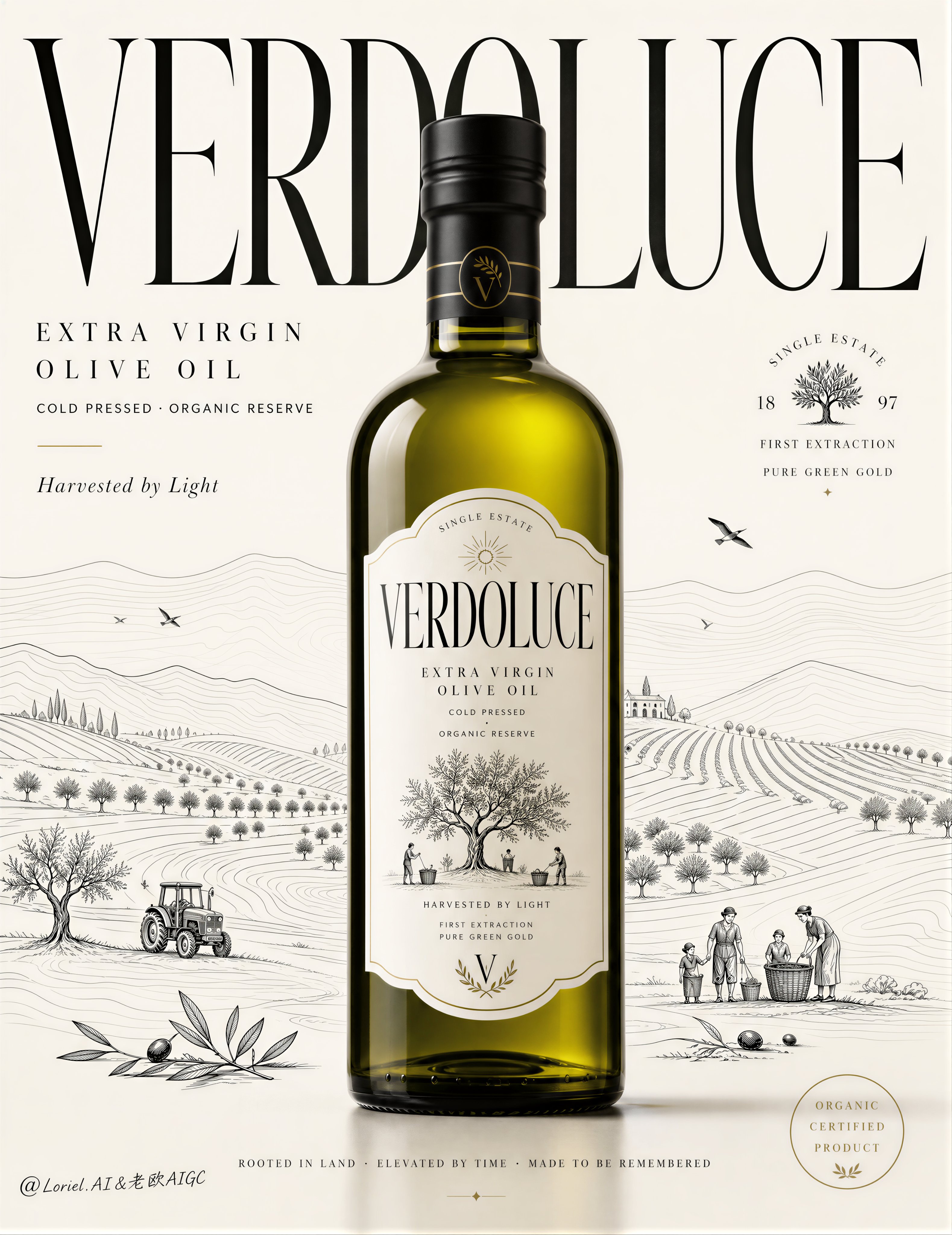 Generated result showing a collectible minimalist advertisement centered on a realistic olive-oil bottle