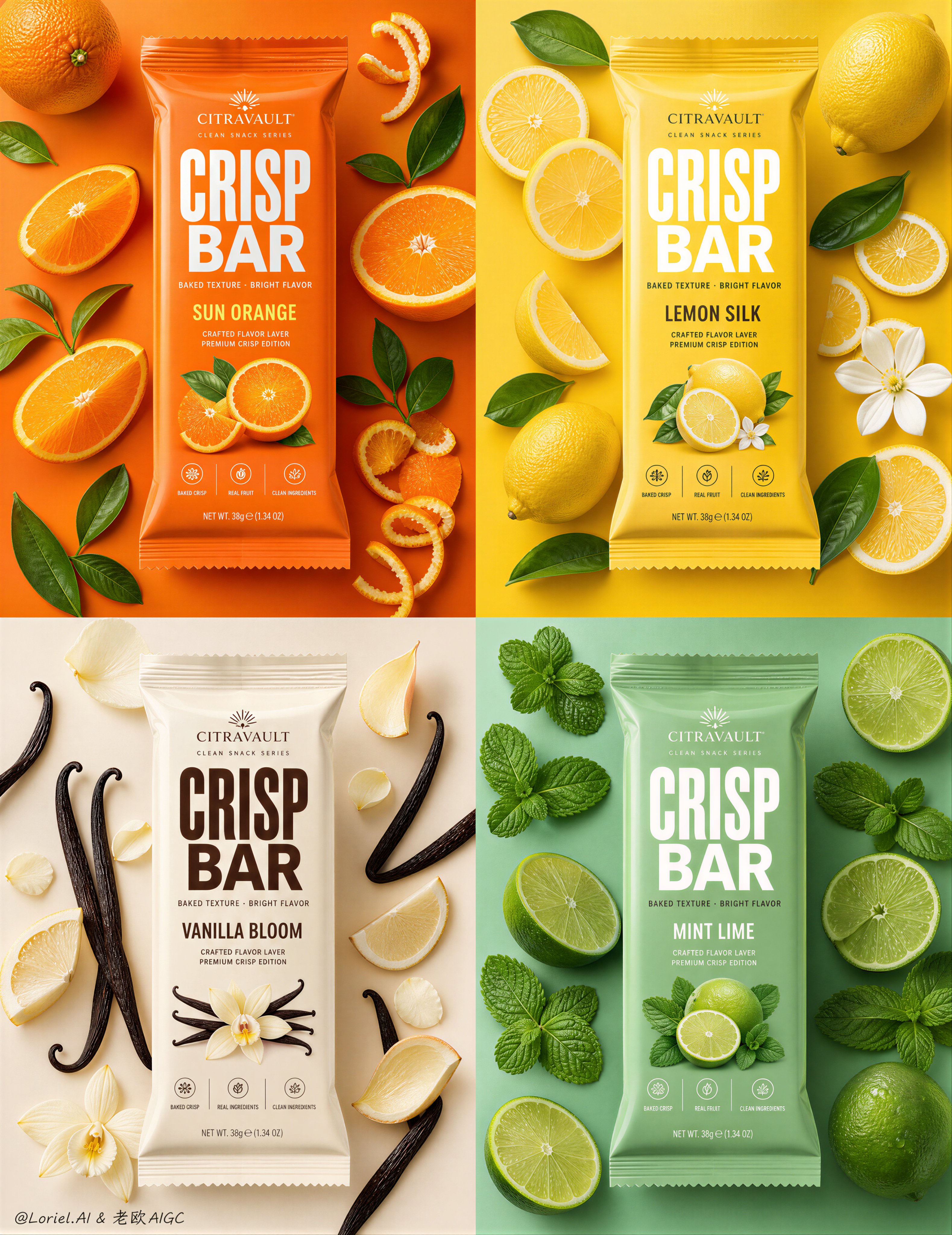Generated result showing a unified four-band grain-bar campaign with distinct flavor identities