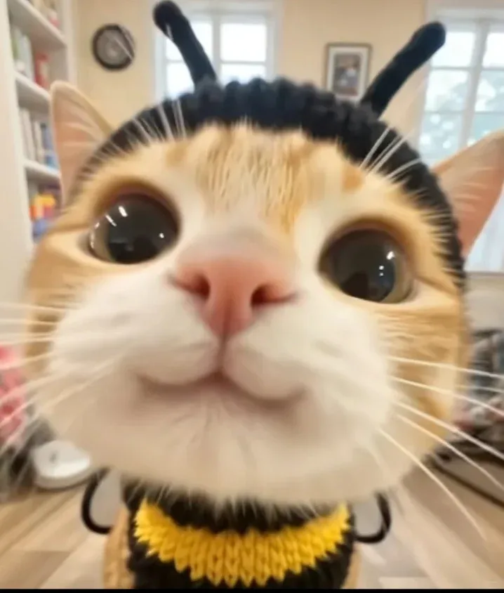 Bee-costume cat photo before toddler crayon doodle
