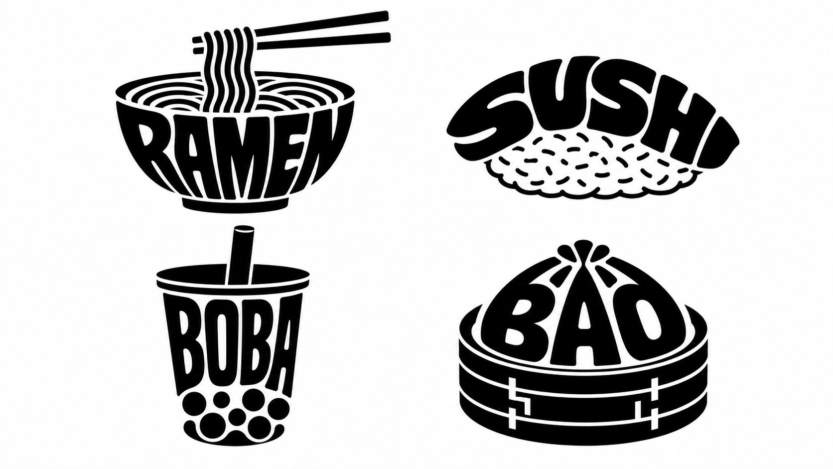 亚洲食物词汇变形黑白负空间 Logo 四宫格,GPT Image 2 食物字形负空间 Logo成片,来源