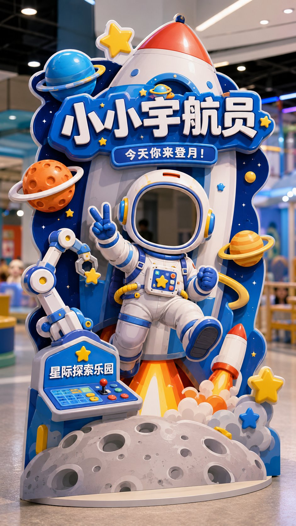 中文头套式互动打卡异形立牌装置效果图，GPT Image 2 互动打卡异形立牌成片，来源